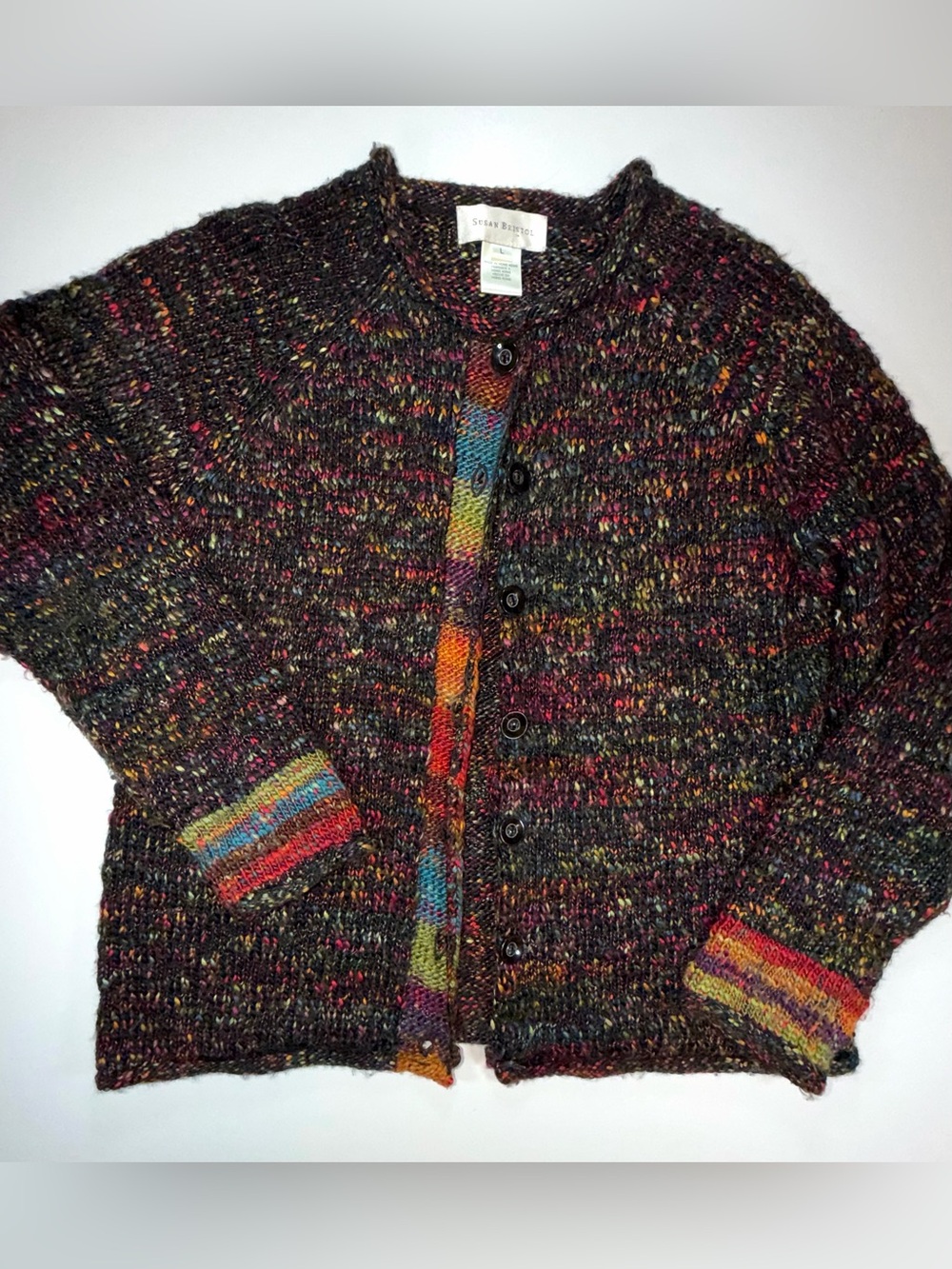 Vintage Susan Bristol cardigan sweater Black Confetti colorful acrylic Women L